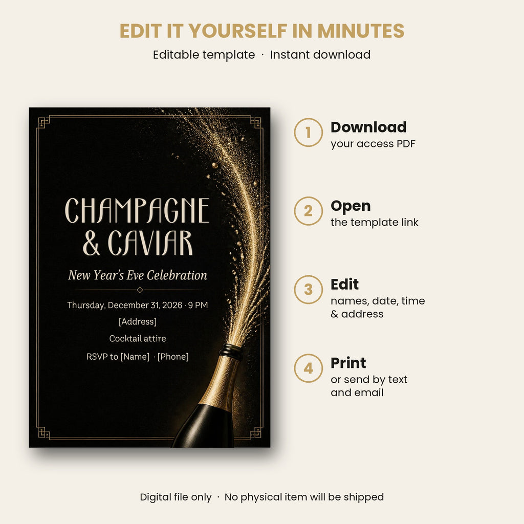 Champagne & Caviar New Year's Eve Invitation – Editable Canva Template