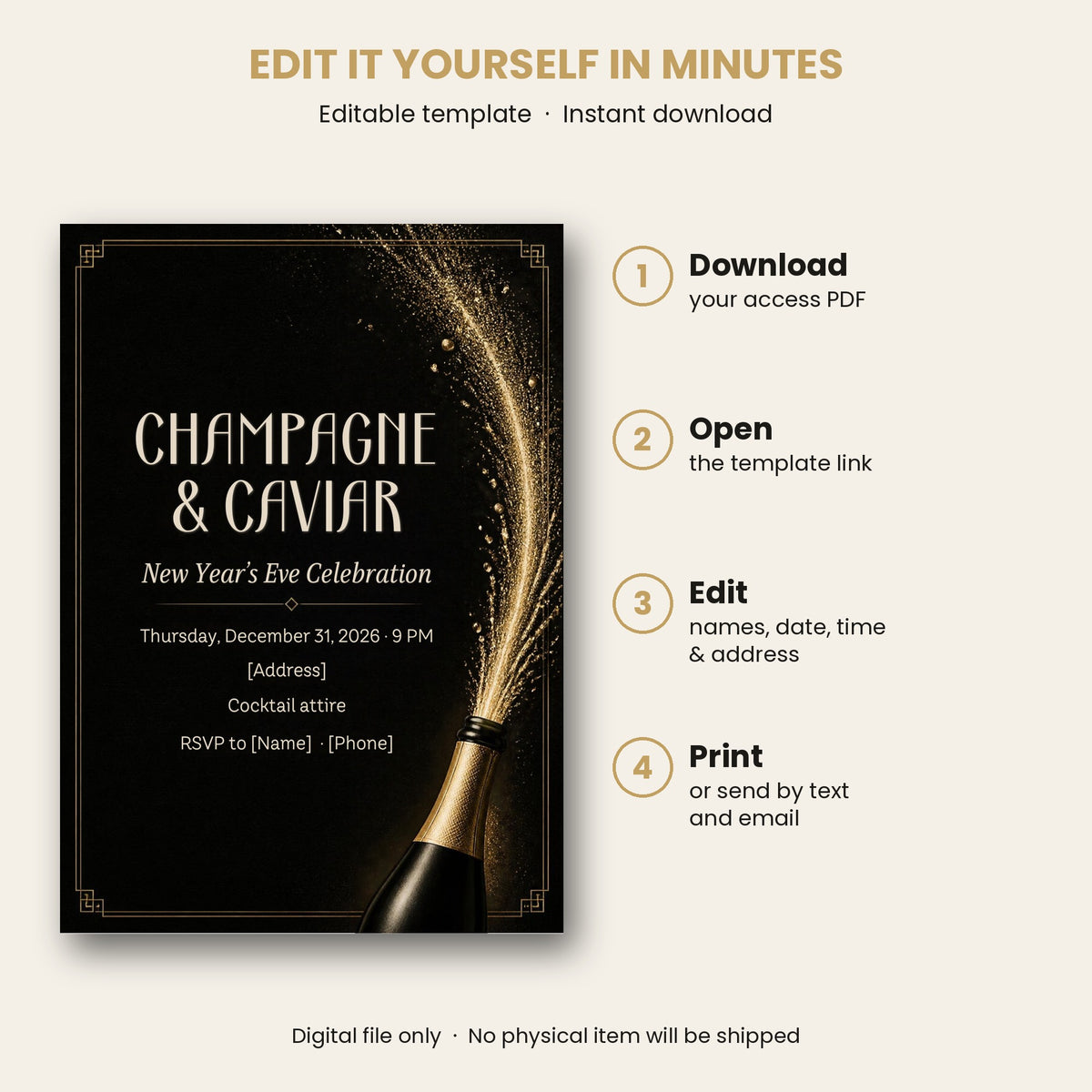 Champagne & Caviar New Year's Eve Invitation – Editable Canva Template