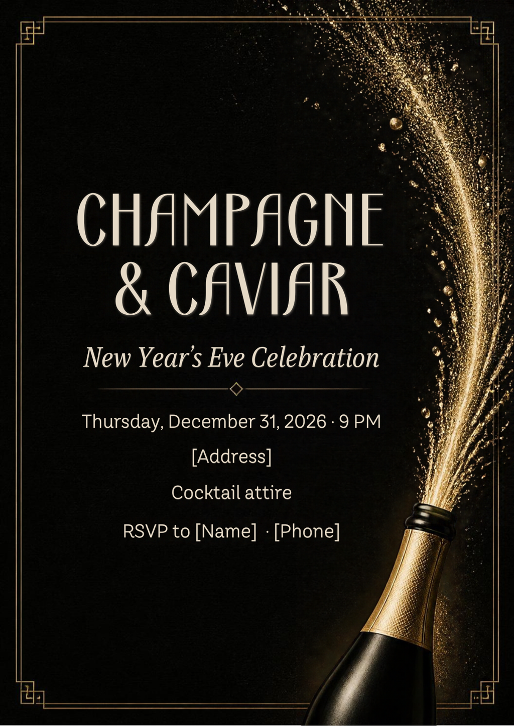 Champagne & Caviar New Year's Eve Invitation – Editable Canva Template