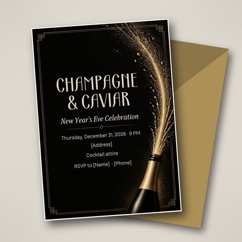 Champagne & Caviar New Year's Eve Invitation – Editable Canva Template