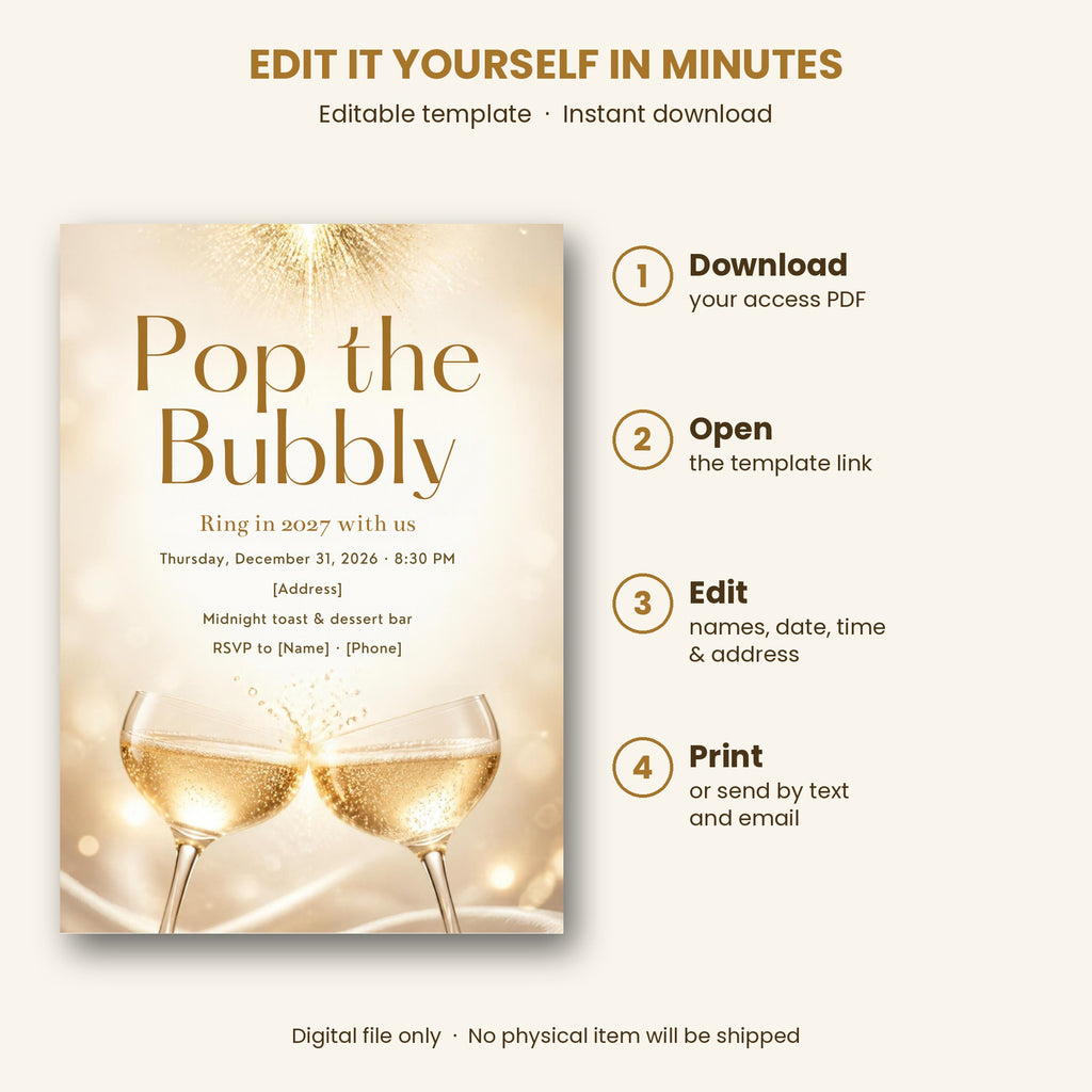 Pop the Bubbly Champagne New Year's Eve Invitation – Editable Canva Template