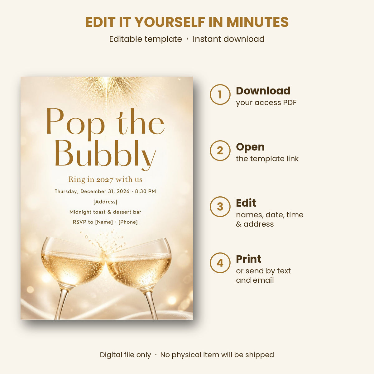 Pop the Bubbly Champagne New Year's Eve Invitation – Editable Canva Template