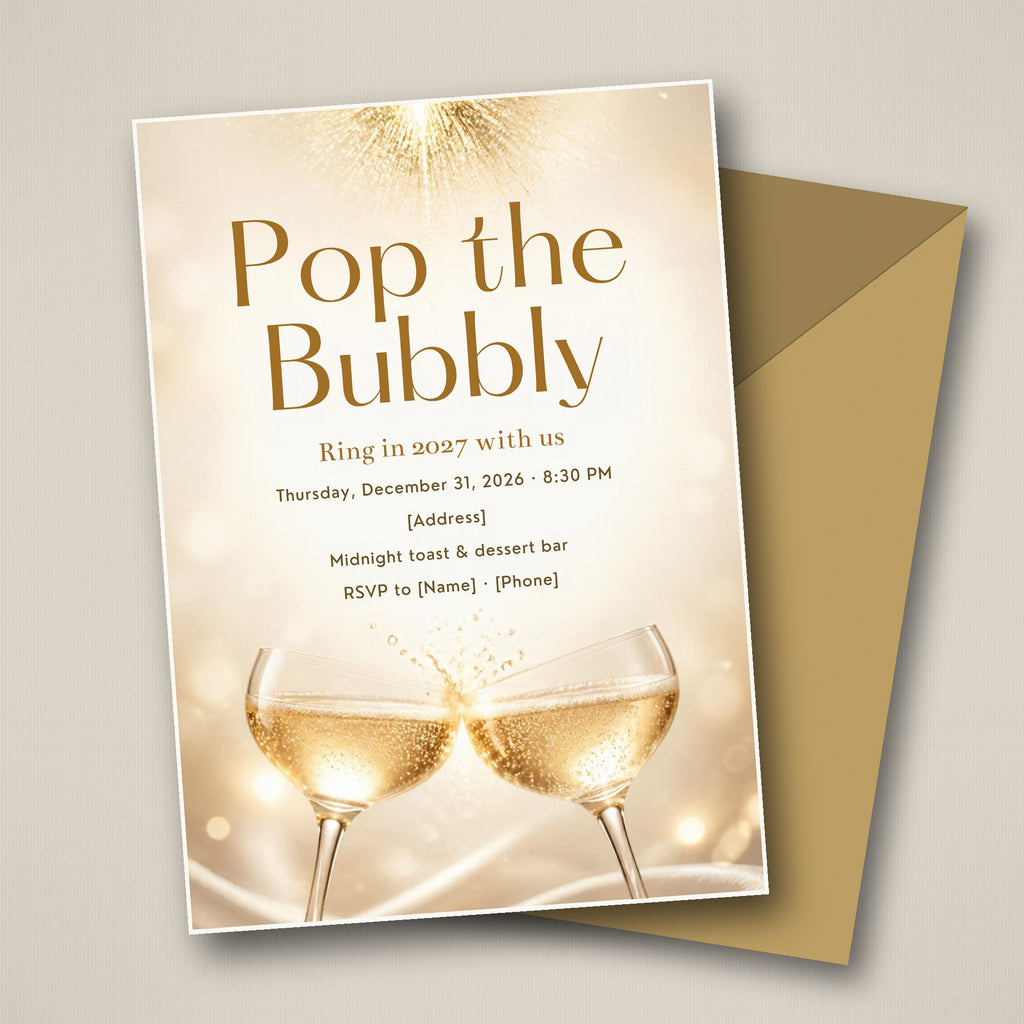 Pop the Bubbly Champagne New Year's Eve Invitation – Editable Canva Template