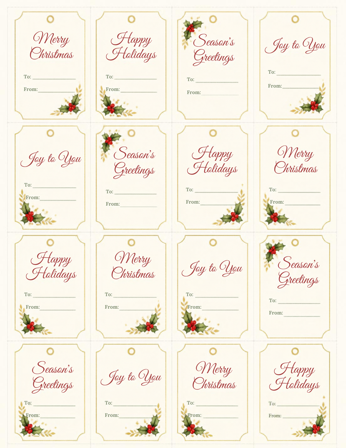 Editable Canva Christmas gift tags template, 16 tags with Merry Christmas, Happy Holidays, Season's Greetings and Joy to You