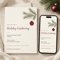 Modern minimalist holiday gathering invitation with pine branch and burgundy ornament, shown as printed card and on phone