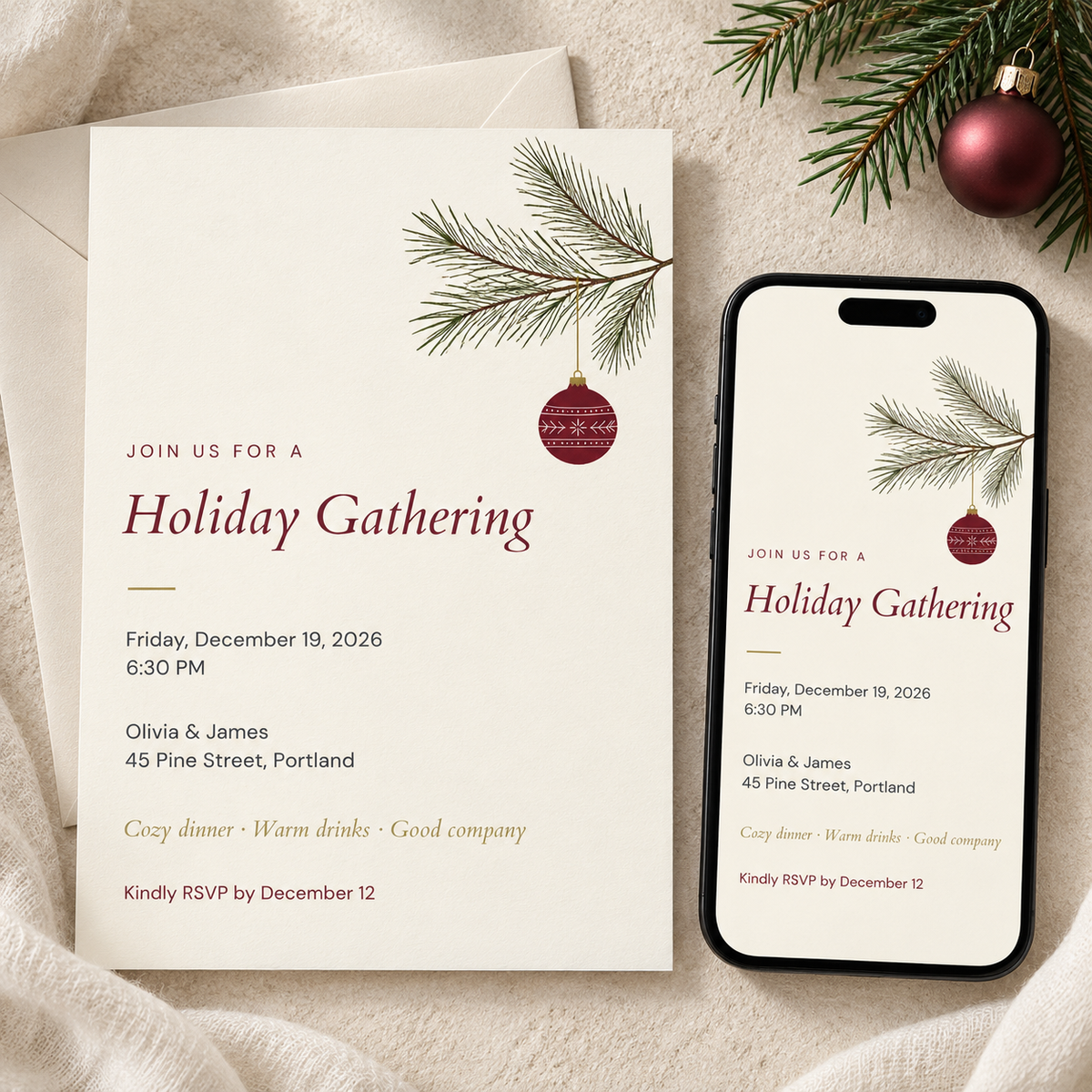 Modern minimalist holiday gathering invitation with pine branch and burgundy ornament, shown as printed card and on phone