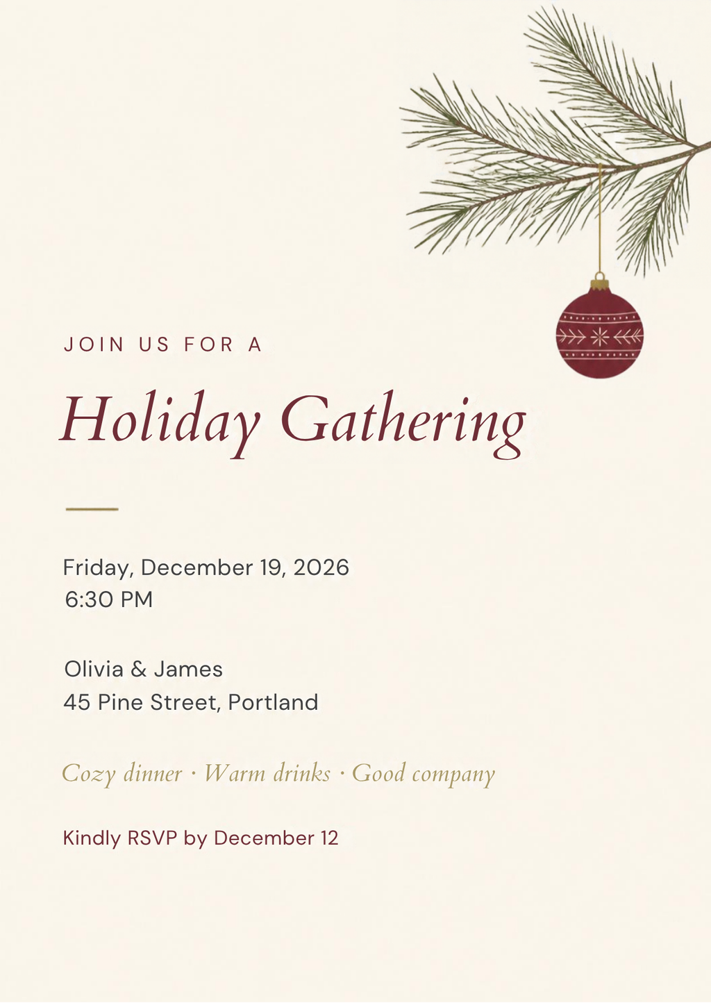 Editable Canva holiday party invitation template, minimal cream design with pine branch, 5x7