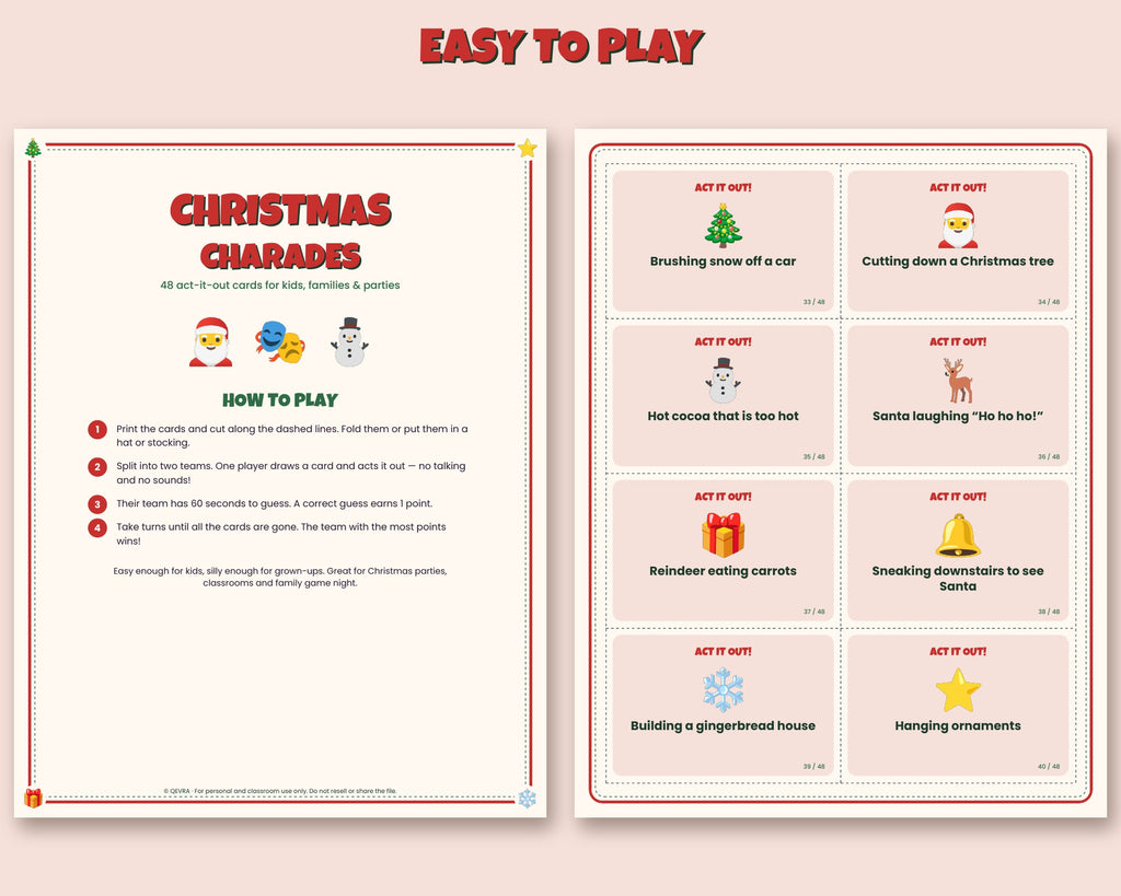Christmas Charades – 48 Printable Act-It-Out Cards