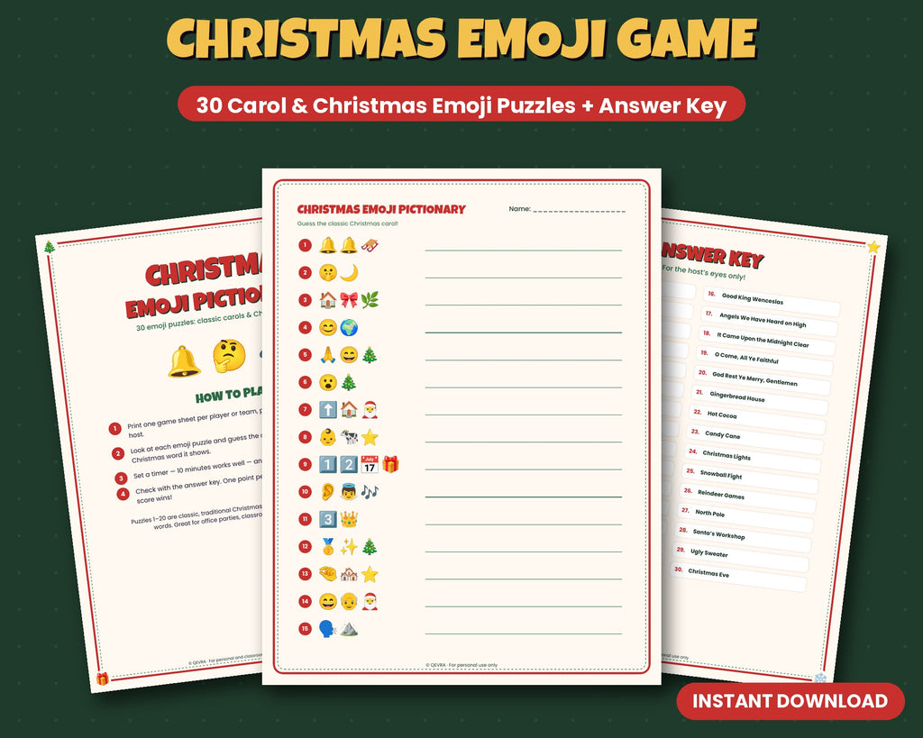 Christmas Carol Emoji Pictionary – 30 Puzzles with Answer Key