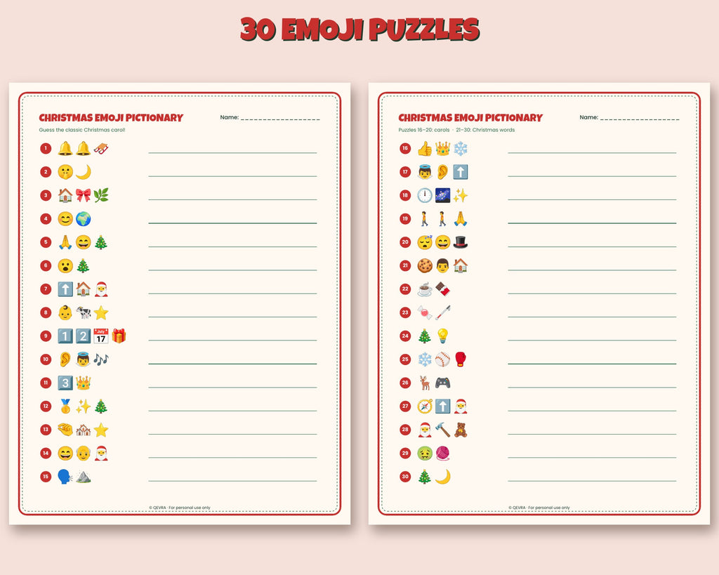 Christmas Carol Emoji Pictionary – 30 Puzzles with Answer Key