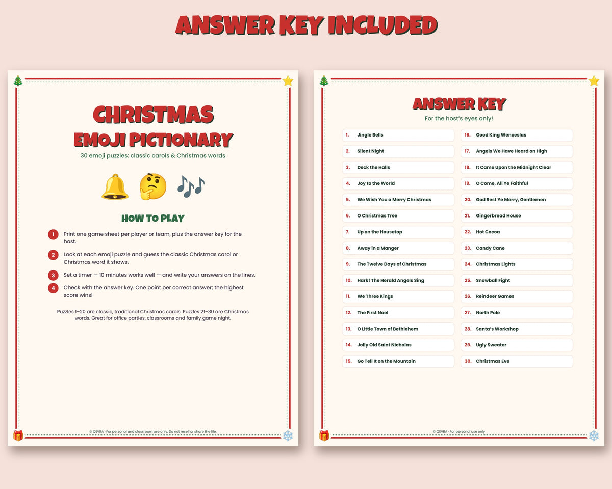 Christmas Carol Emoji Pictionary – 30 Puzzles with Answer Key