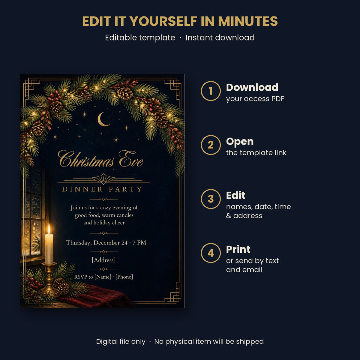 Christmas Eve Dinner Party Invitation – Editable Canva Template