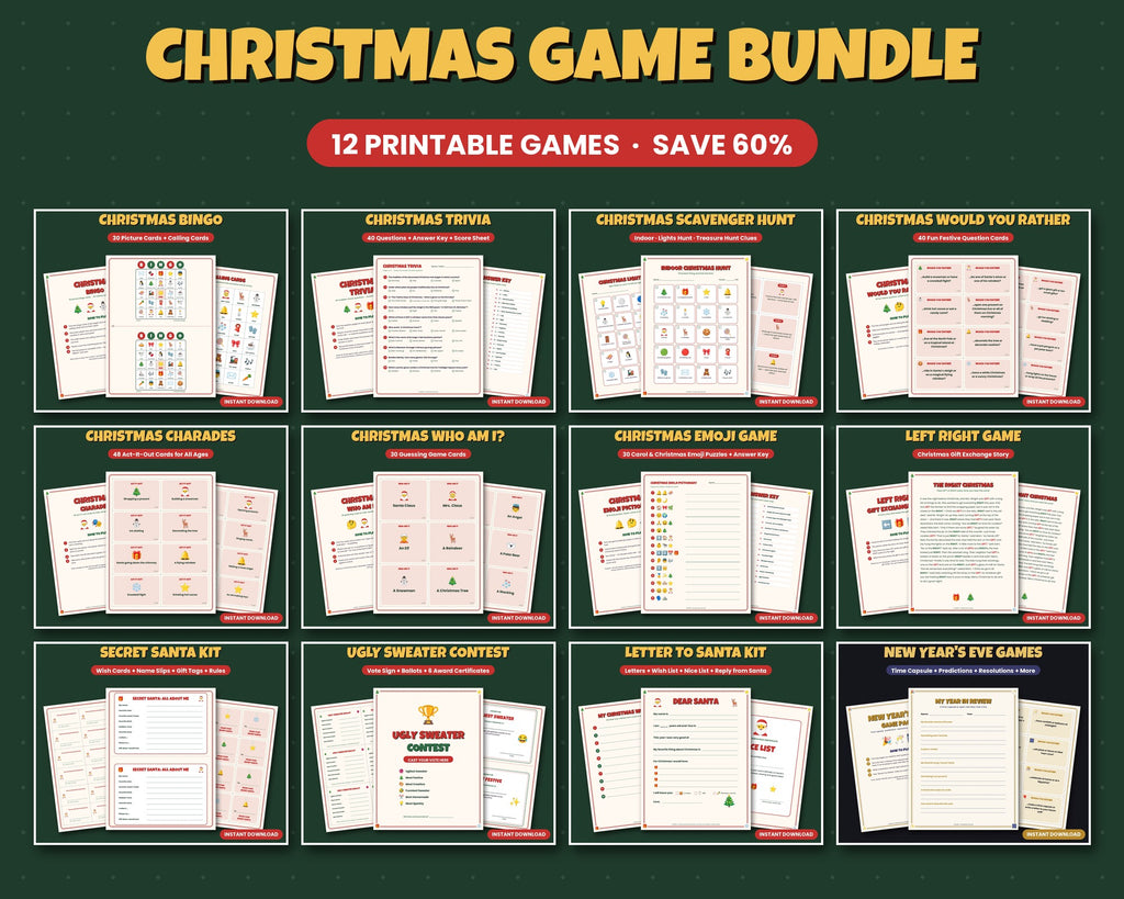 Christmas game bundle – 12 printable party games: bingo, trivia, charades, scavenger hunt, Secret Santa kit and more