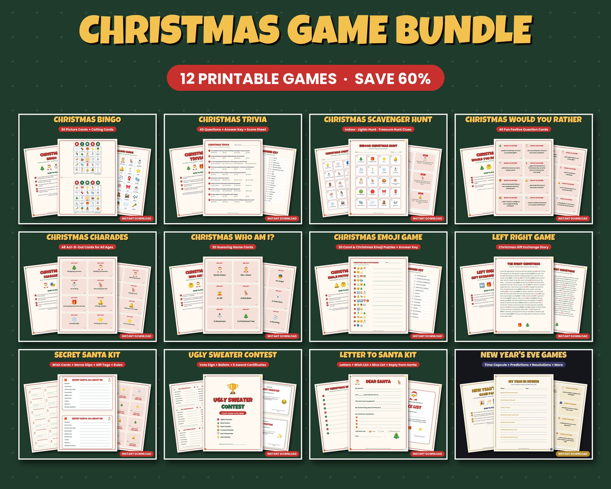 Christmas game bundle – 12 printable party games: bingo, trivia, charades, scavenger hunt, Secret Santa kit and more