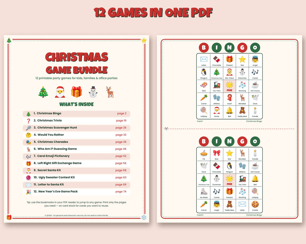 Christmas game bundle – 12 printable party games: bingo, trivia, charades, scavenger hunt, Secret Santa kit and more – preview 3