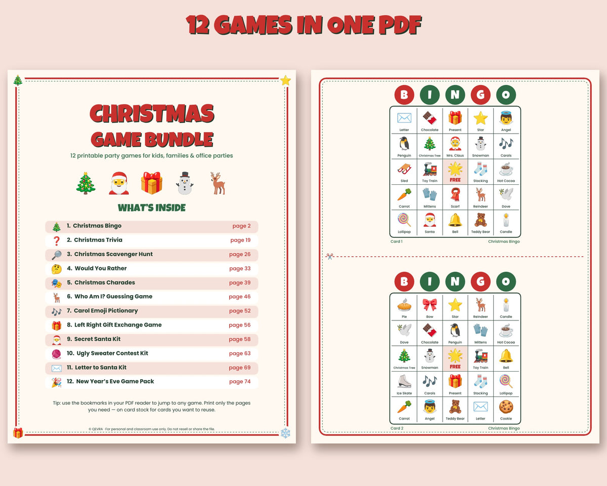 Christmas game bundle – 12 printable party games: bingo, trivia, charades, scavenger hunt, Secret Santa kit and more – preview 3