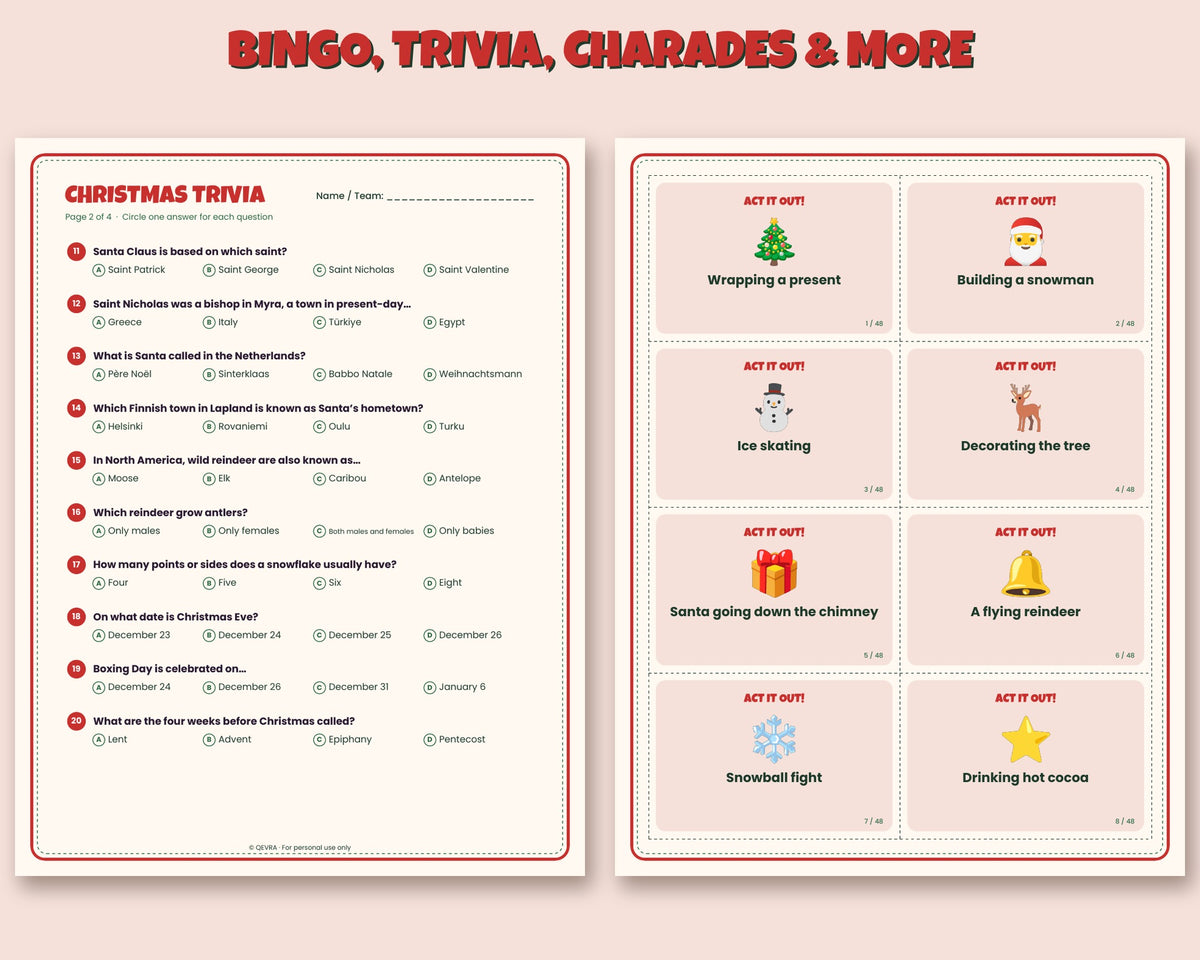 Christmas game bundle – 12 printable party games: bingo, trivia, charades, scavenger hunt, Secret Santa kit and more – preview 2
