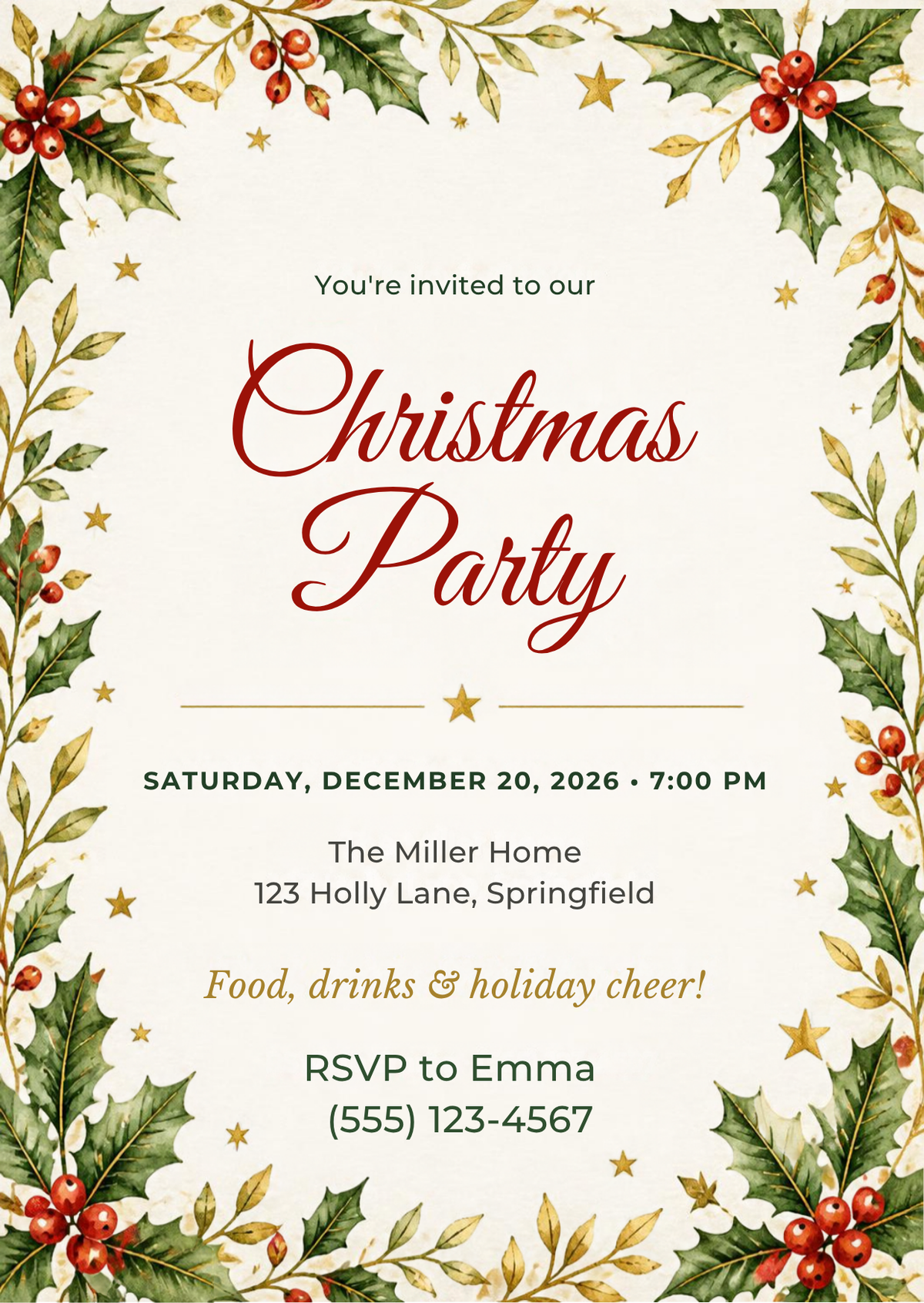 Christmas party invitation template with watercolor holly, red berries and gold stars, shown as printed card and on phone