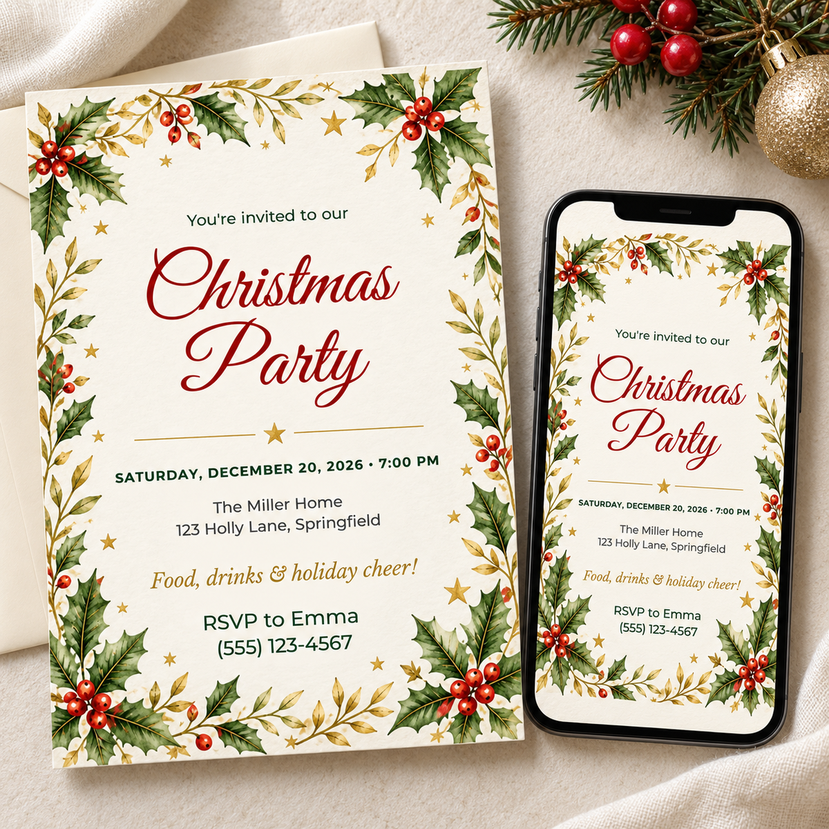 Classic Holly Christmas party invitation template – editable Canva design with watercolor holly, red berries and gold stars, 5x7