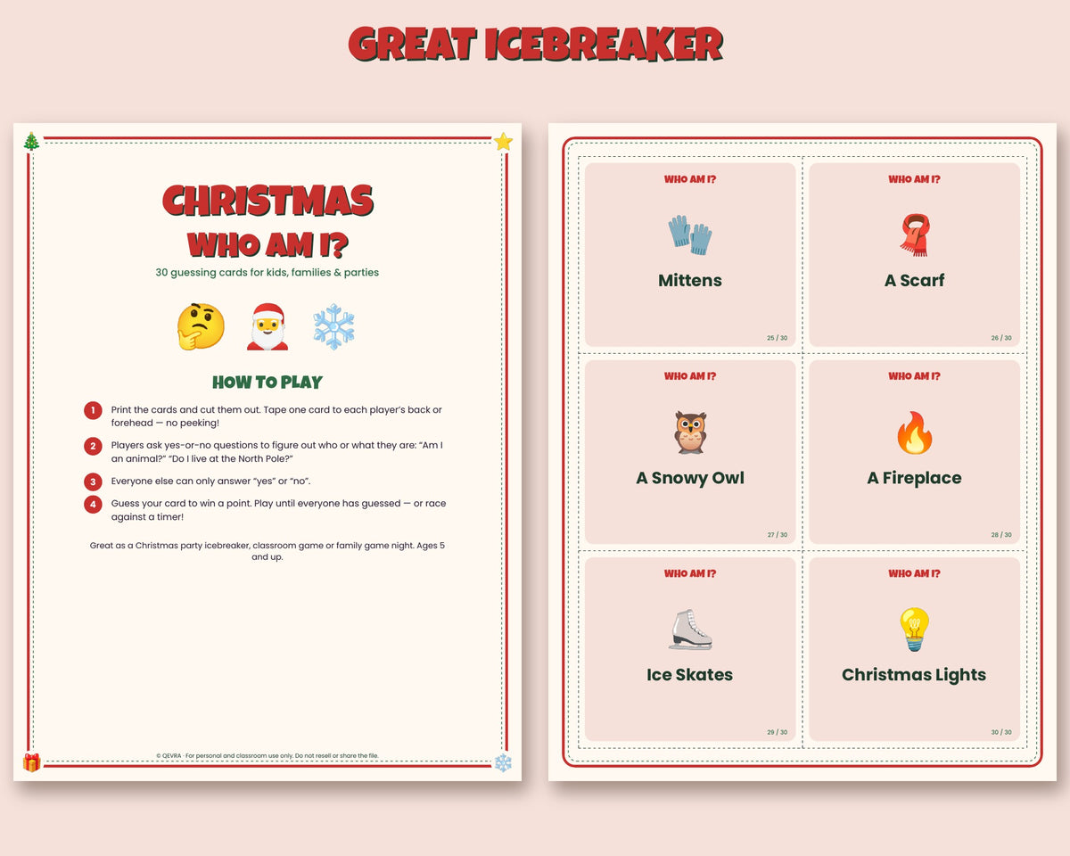 Christmas Who Am I? – 30 Printable Guessing Game Cards