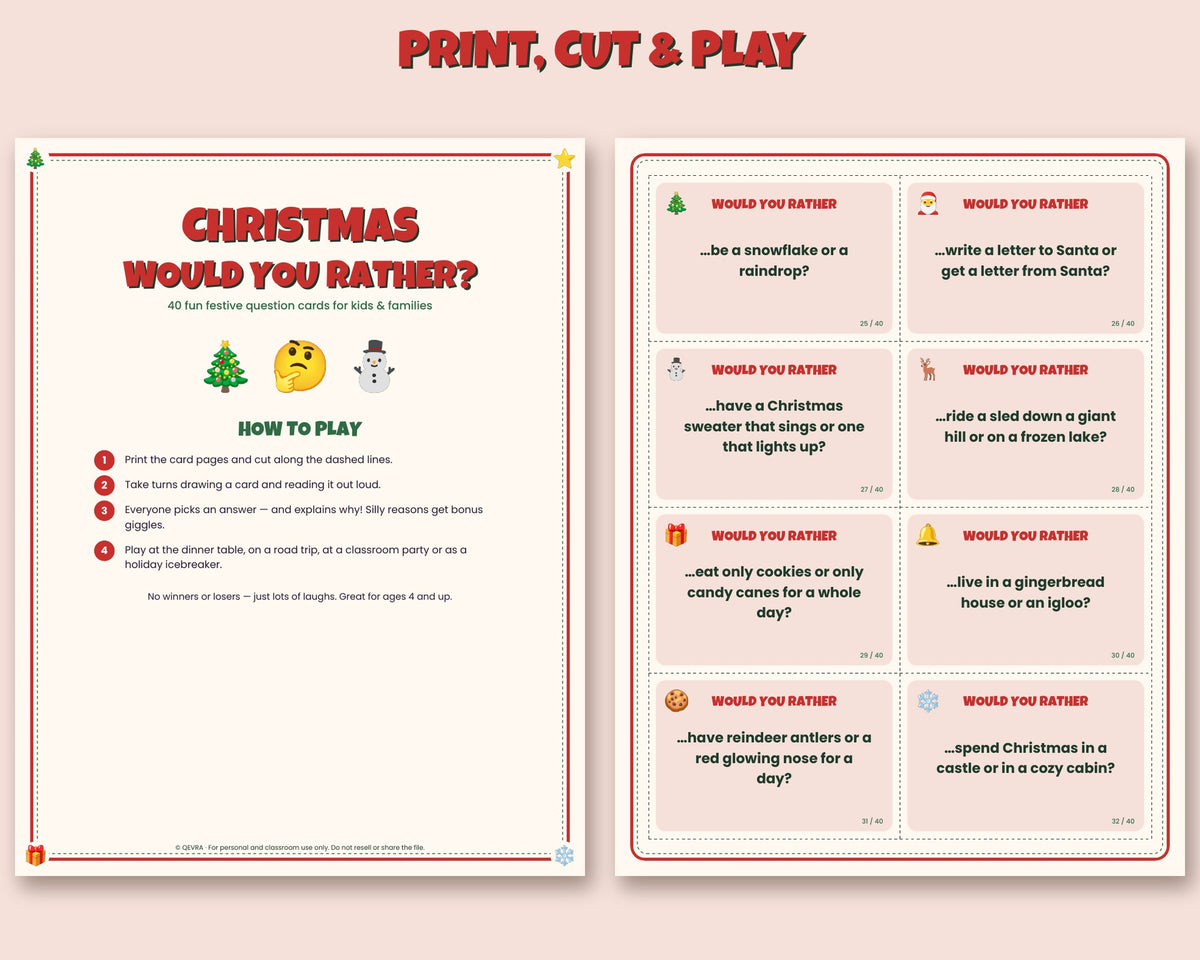 Christmas Would You Rather – 40 Printable Question Cards