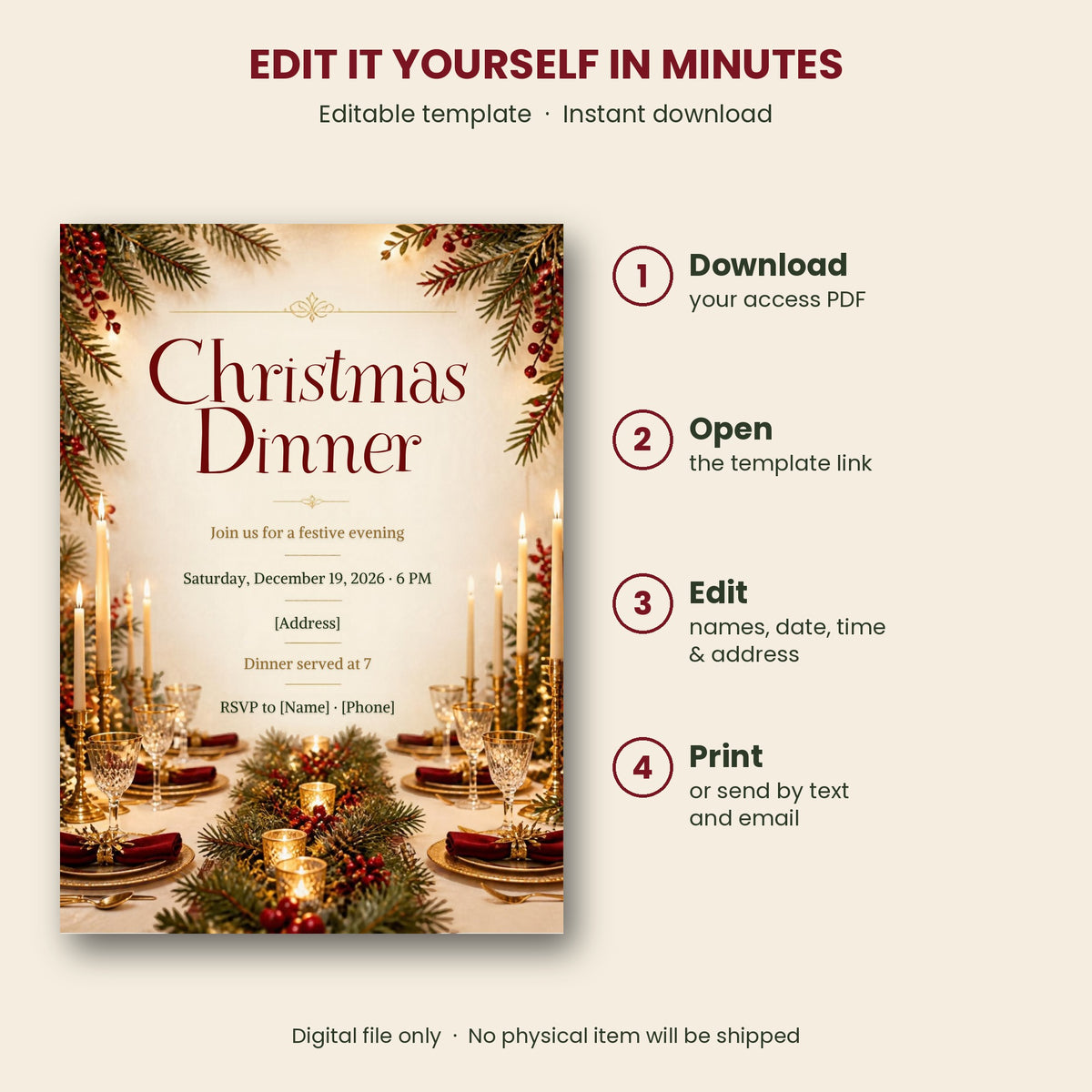 Classic Christmas Dinner Invitation – Editable Canva Template