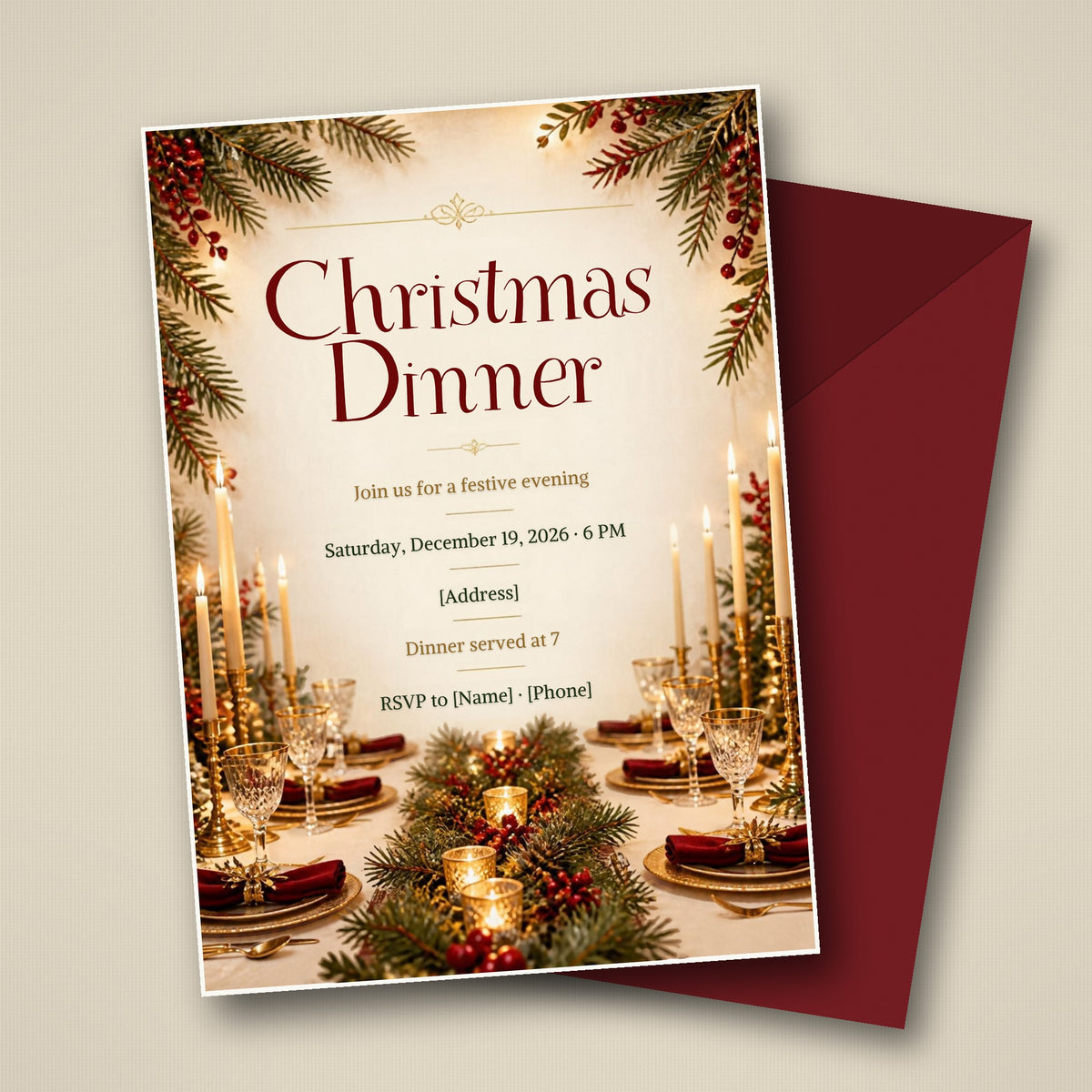 Classic Christmas Dinner Invitation – Editable Canva Template