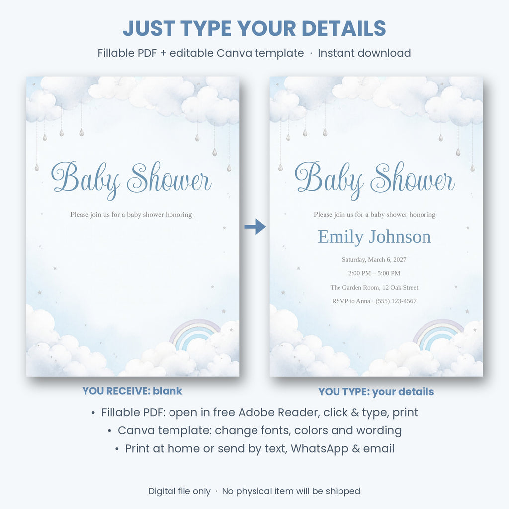 Cloud Nine Baby Shower Invitation – Fillable PDF & Editable Canva Template