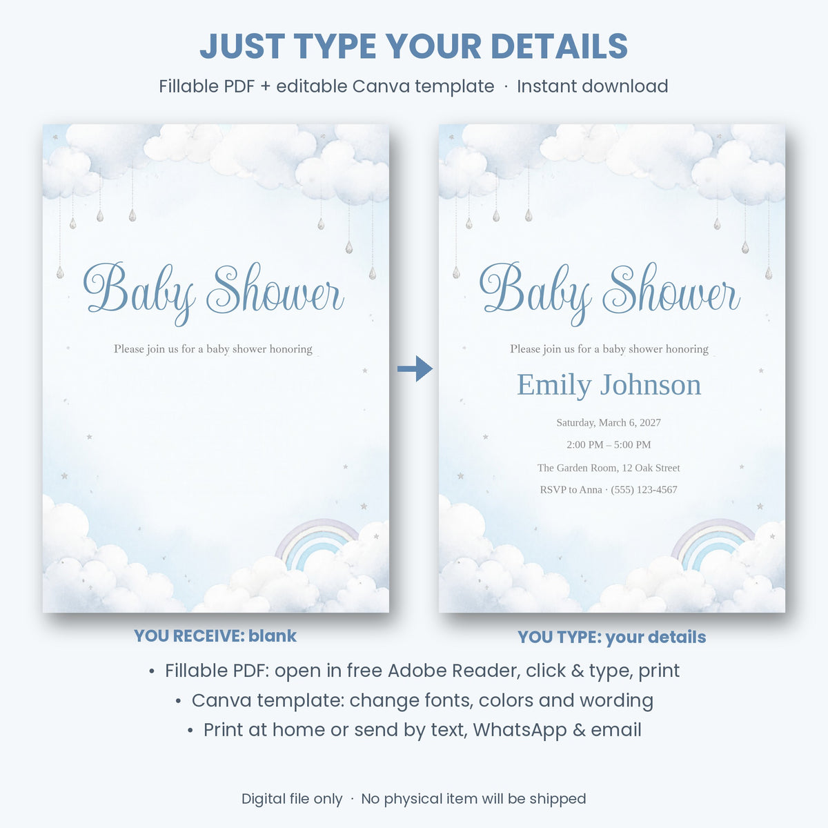 Cloud Nine Baby Shower Invitation – Fillable PDF & Editable Canva Template