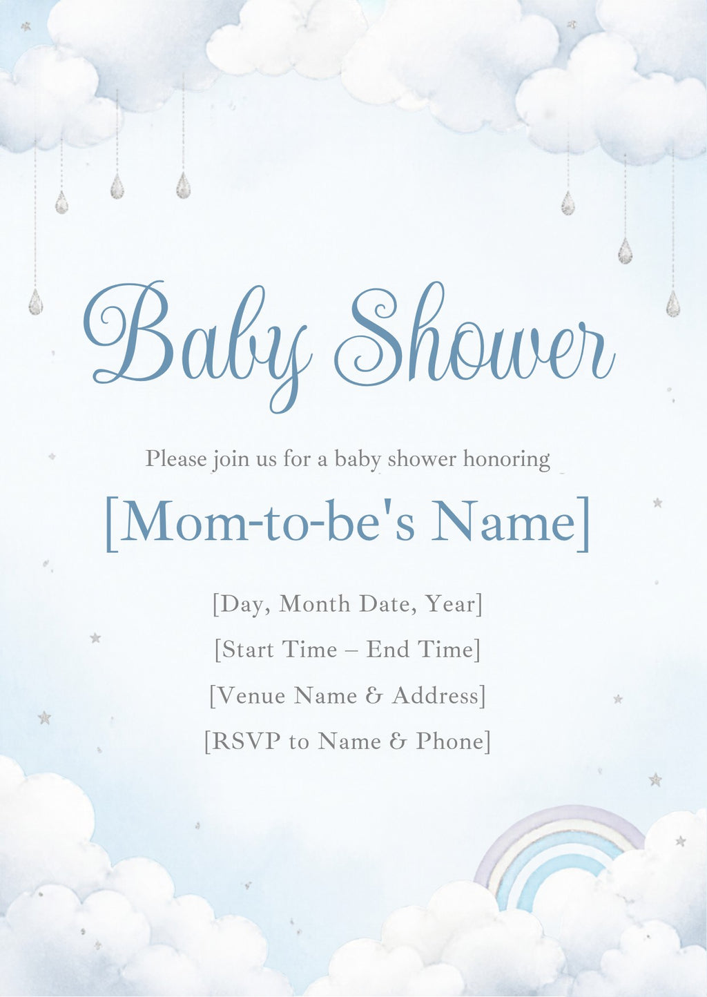 Cloud Nine Baby Shower Invitation – Fillable PDF & Editable Canva Template