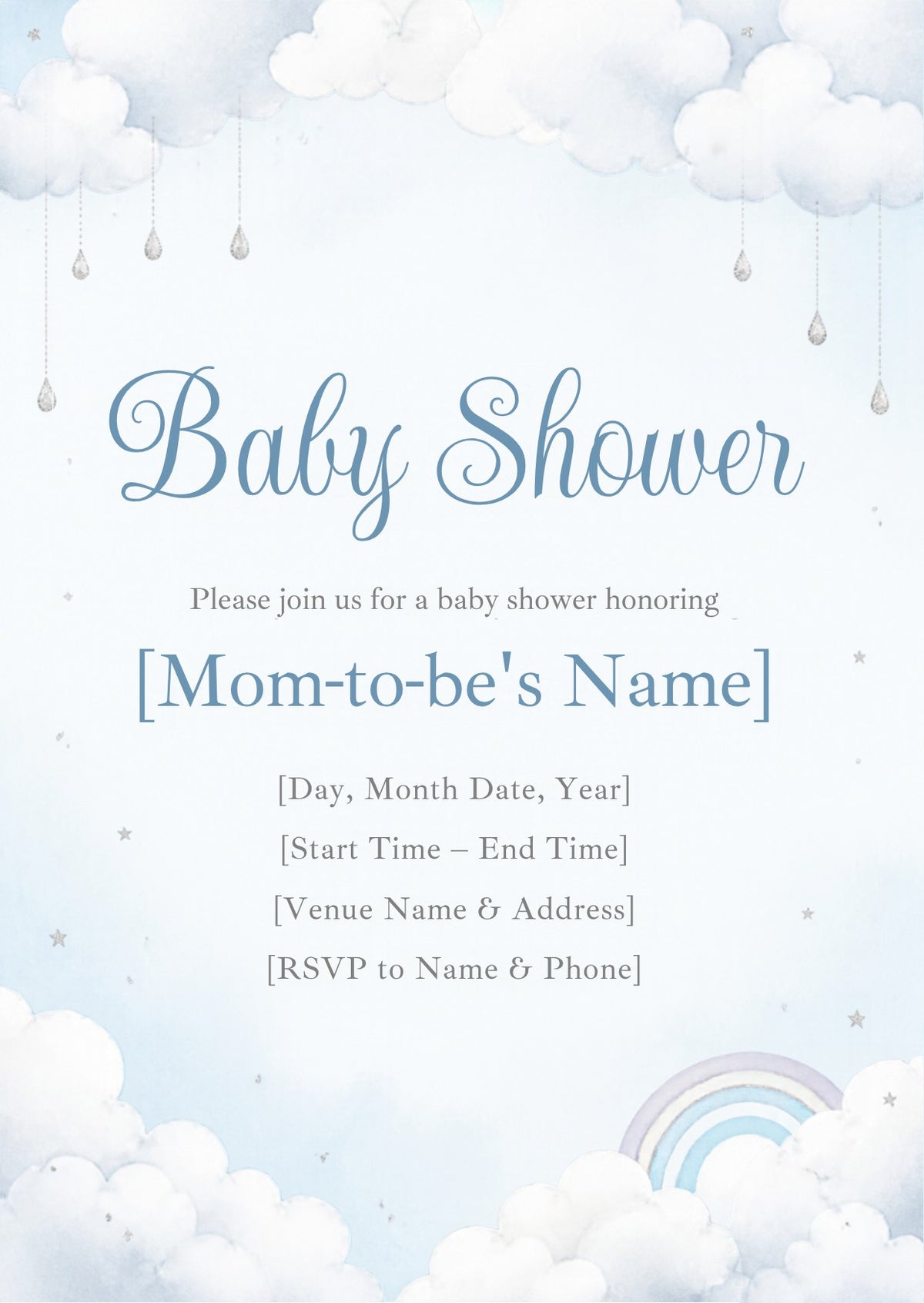 Cloud Nine Baby Shower Invitation – Fillable PDF & Editable Canva Template