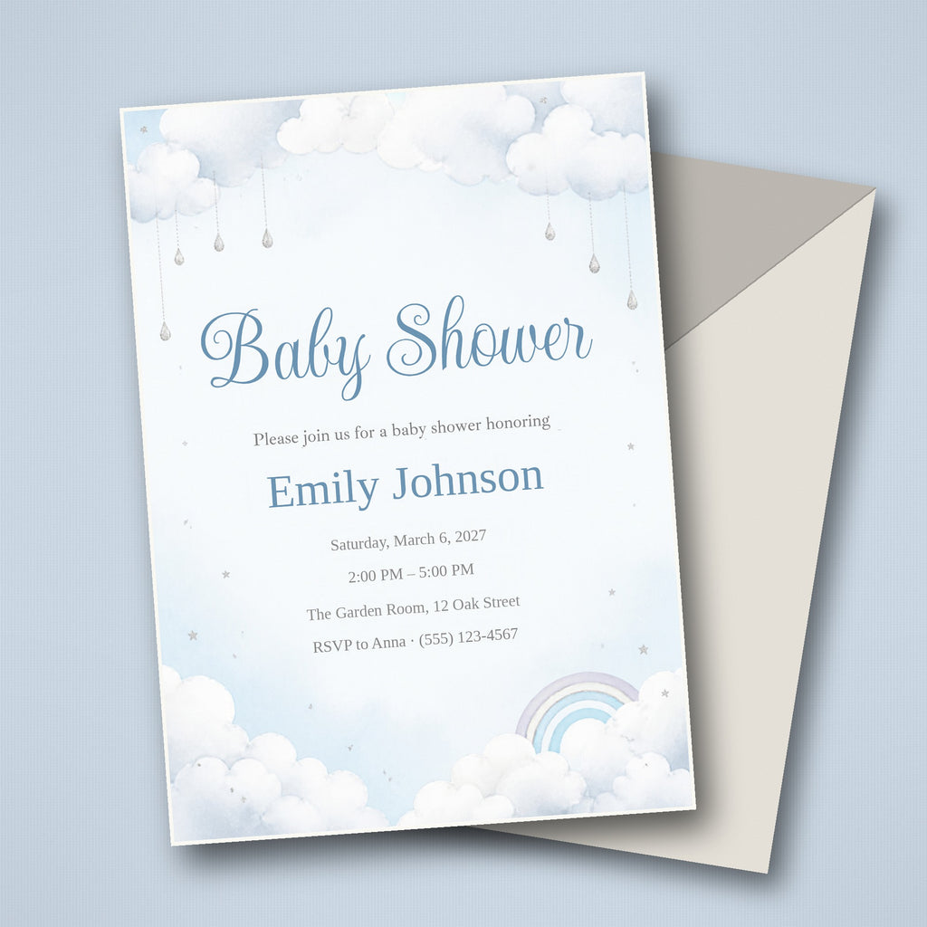 Cloud Nine Baby Shower Invitation – Fillable PDF & Editable Canva Template