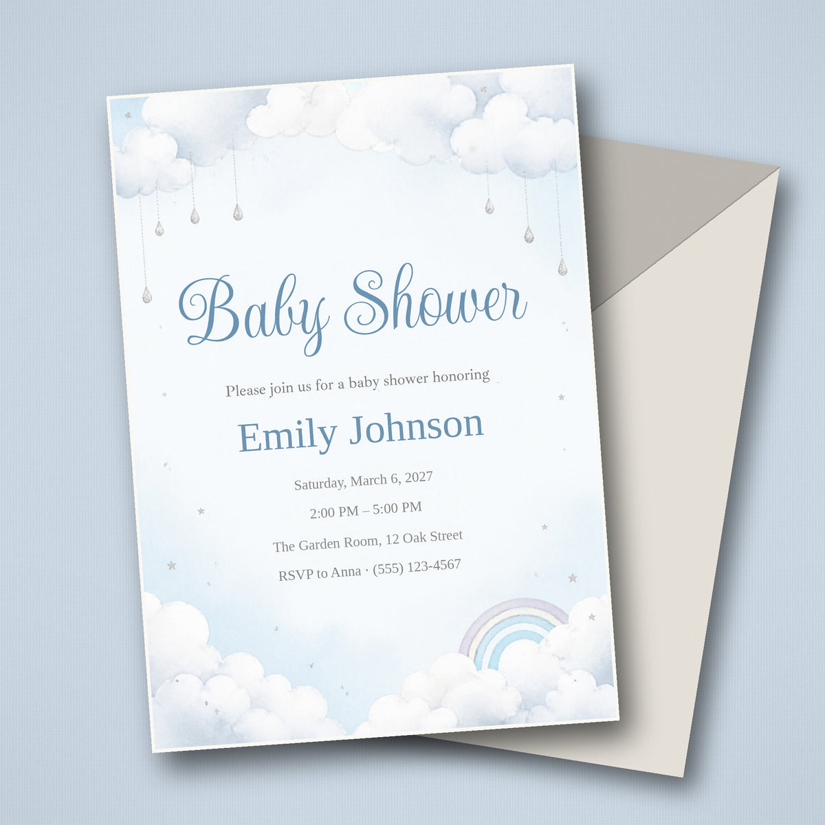 Cloud Nine Baby Shower Invitation – Fillable PDF & Editable Canva Template