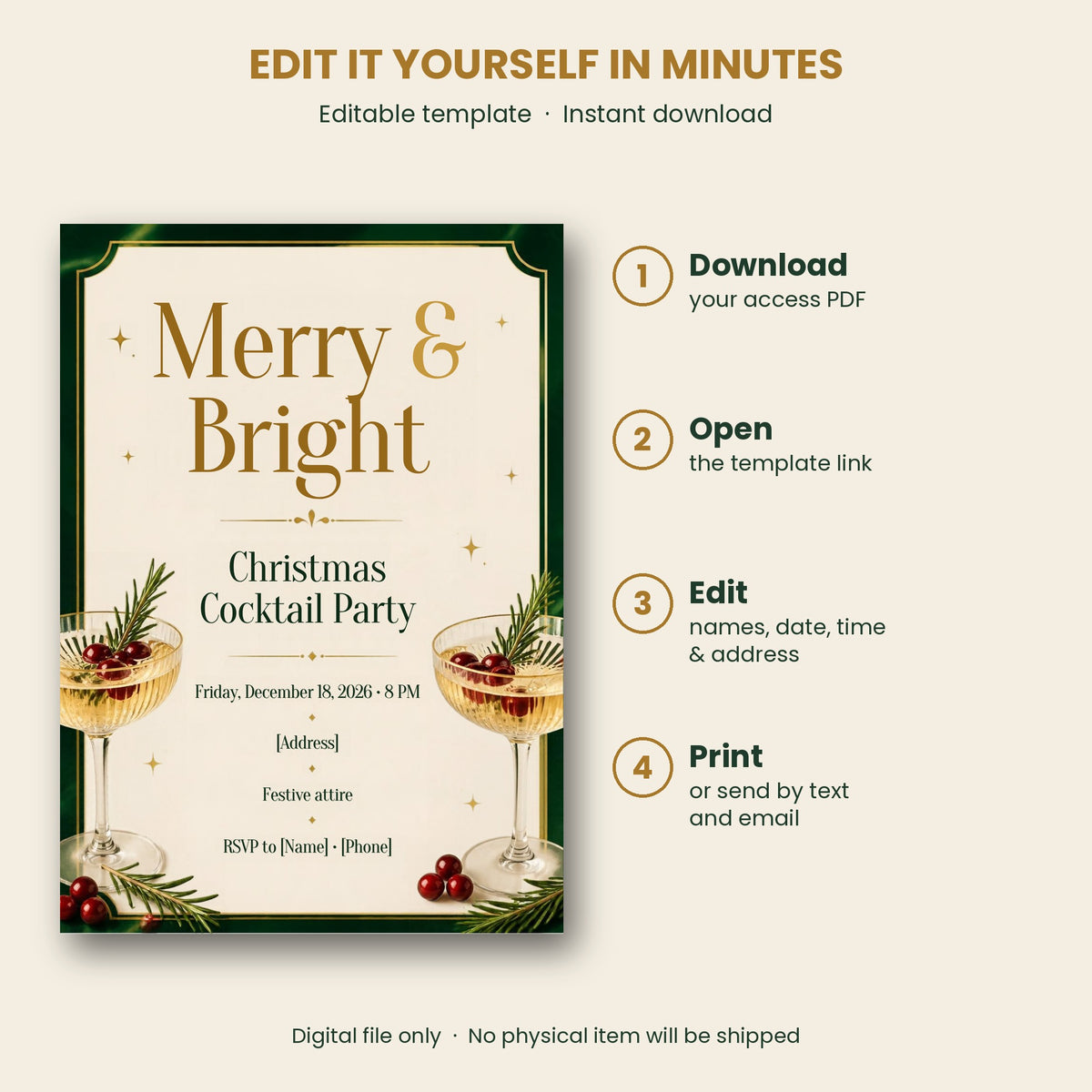 Merry & Bright Christmas Cocktail Party Invitation – Editable Canva Template