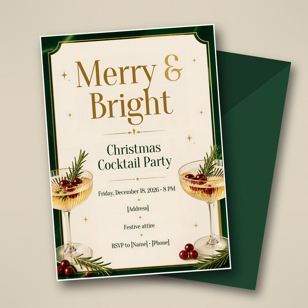 Merry & Bright Christmas Cocktail Party Invitation – Editable Canva Template