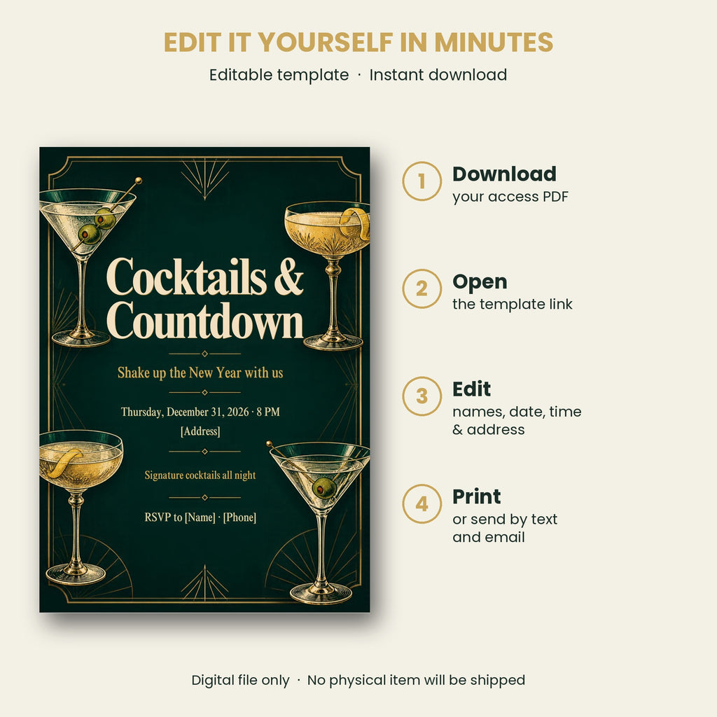 Cocktails & Countdown New Year's Eve Party Invitation – Editable Canva Template