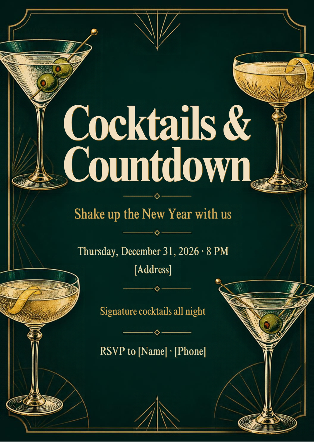 Cocktails & Countdown New Year's Eve Party Invitation – Editable Canva Template