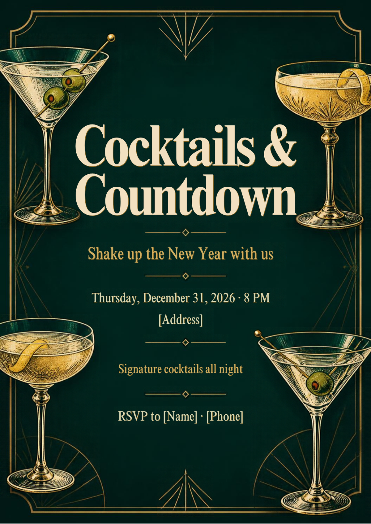 Cocktails & Countdown New Year's Eve Party Invitation – Editable Canva Template