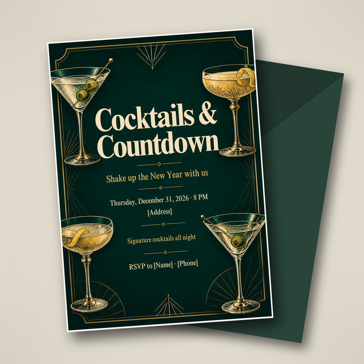 Cocktails & Countdown New Year's Eve Party Invitation – Editable Canva Template
