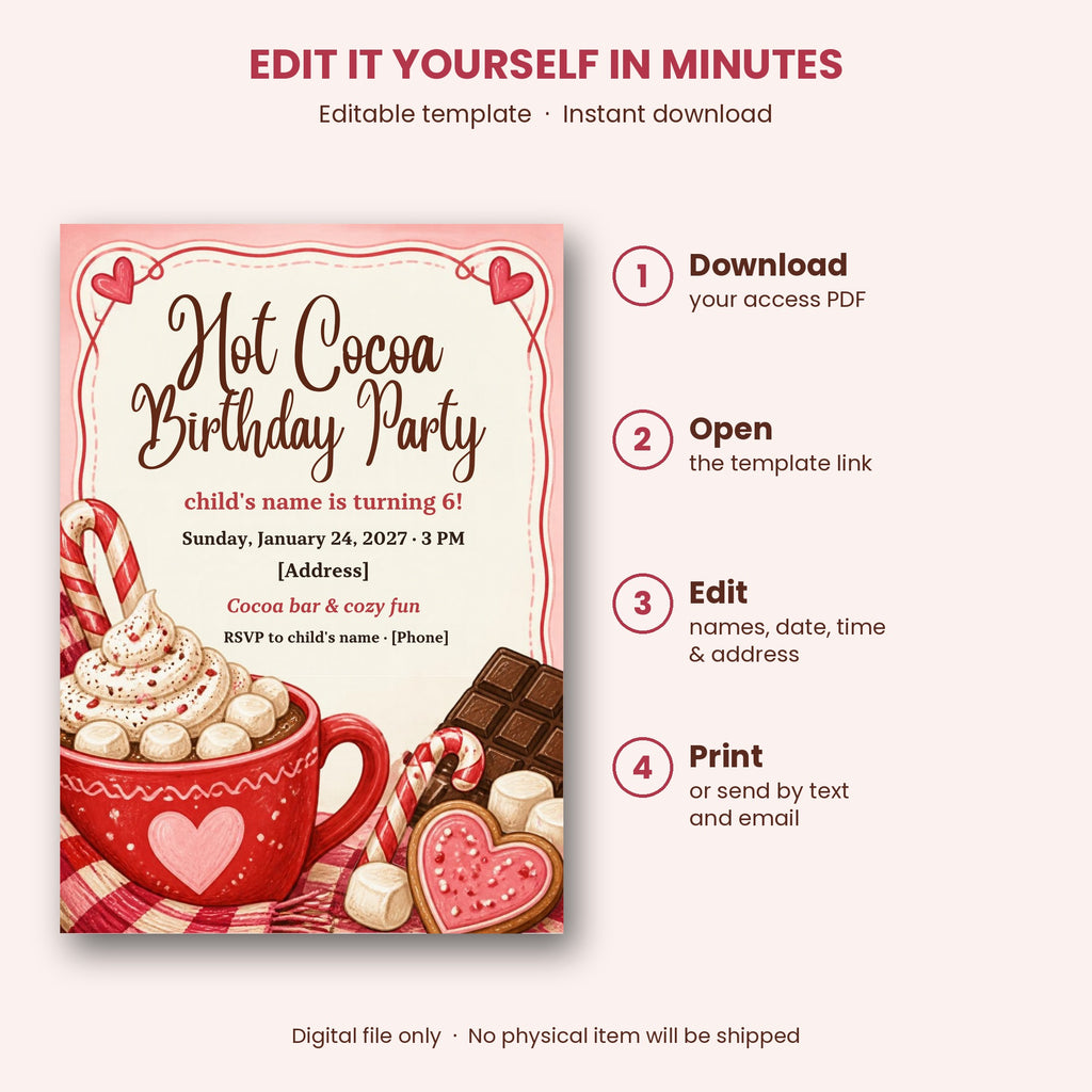 Hot Cocoa Birthday Party Invitation – Editable Canva Template