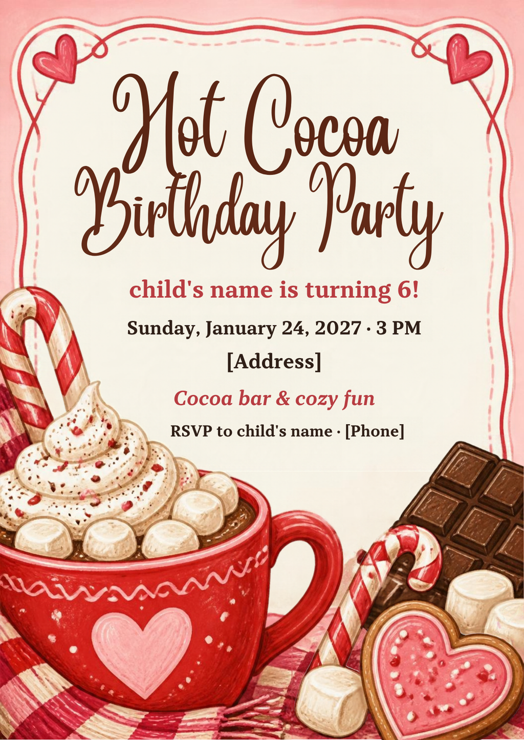 Hot Cocoa Birthday Party Invitation – Editable Canva Template