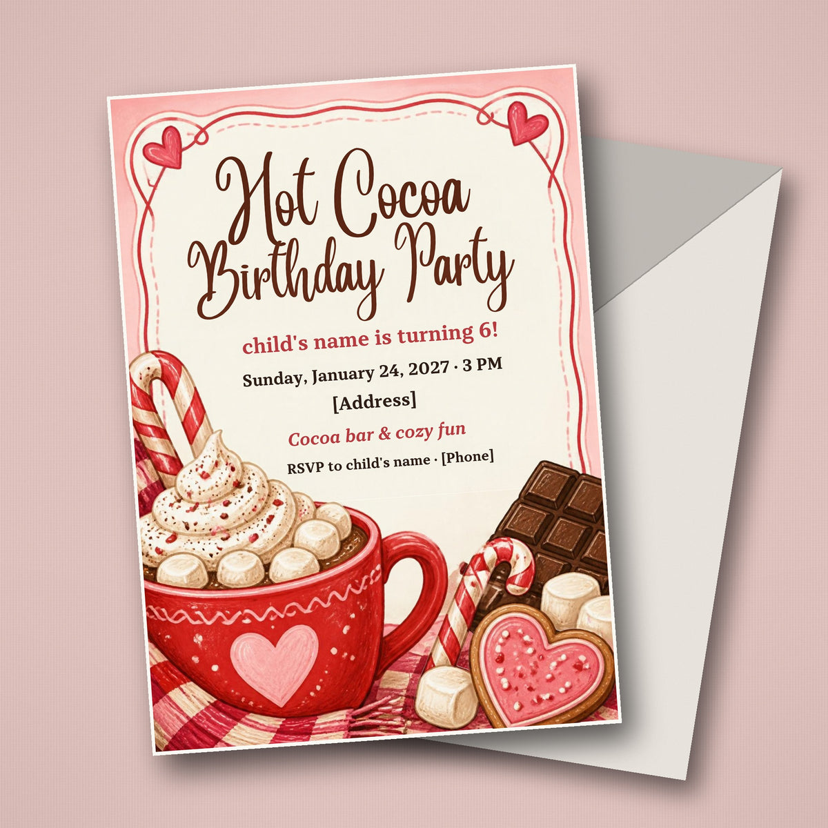 Hot Cocoa Birthday Party Invitation – Editable Canva Template