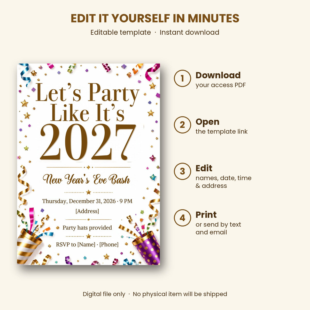 Confetti & Streamers New Year's Eve Bash Invitation – Editable Canva Template