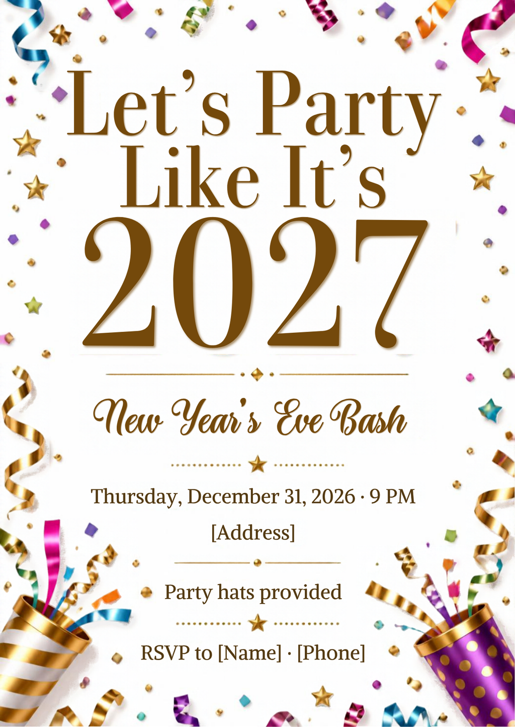 Confetti & Streamers New Year's Eve Bash Invitation – Editable Canva Template