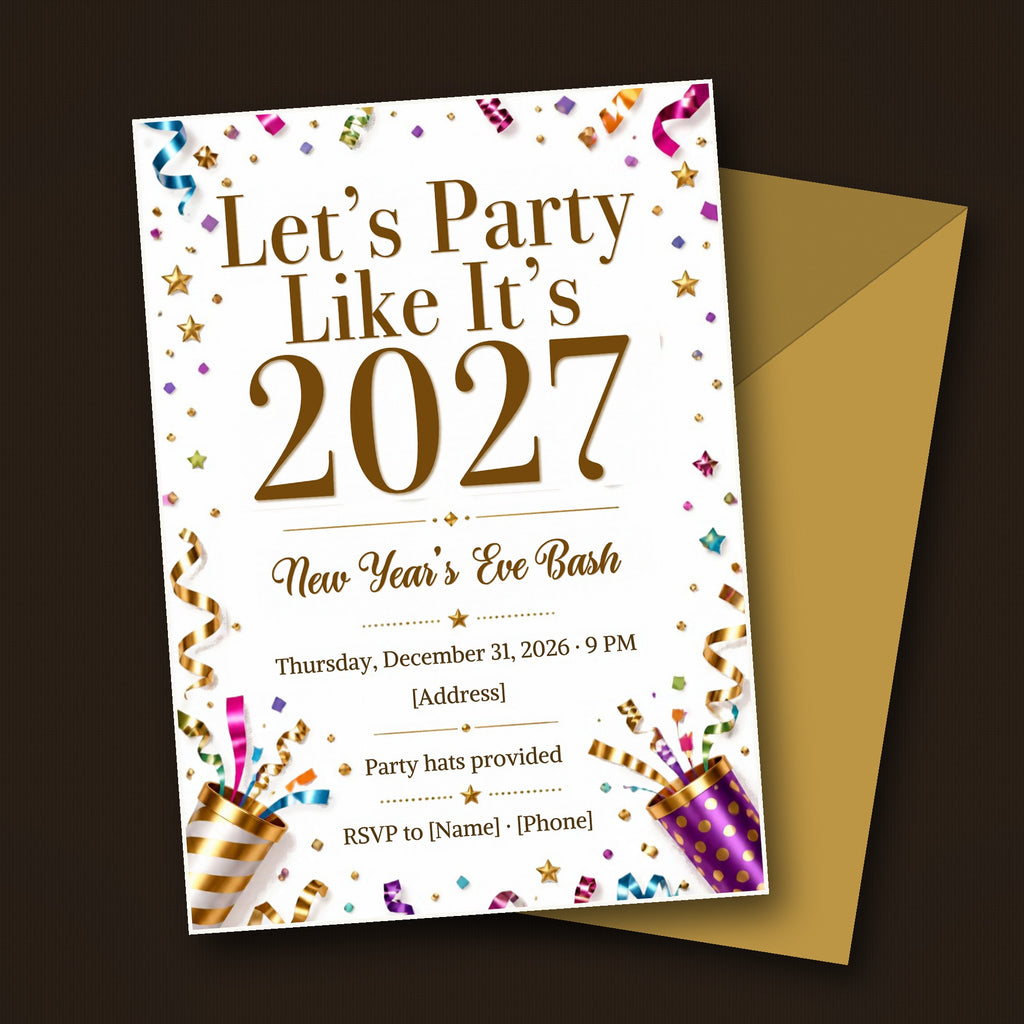 Confetti & Streamers New Year's Eve Bash Invitation – Editable Canva Template