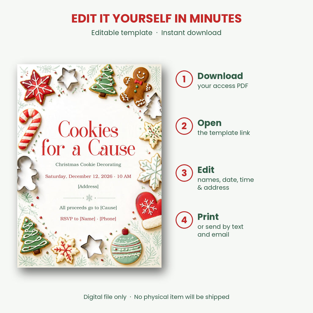 Cookies for a Cause Christmas Invitation – Editable Canva Template
