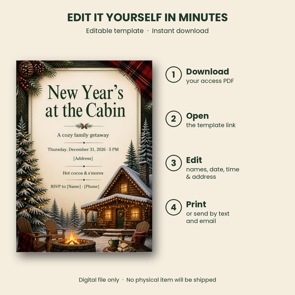 New Year's at the Cabin Cozy New Year's Eve Invitation – Editable Canva Template