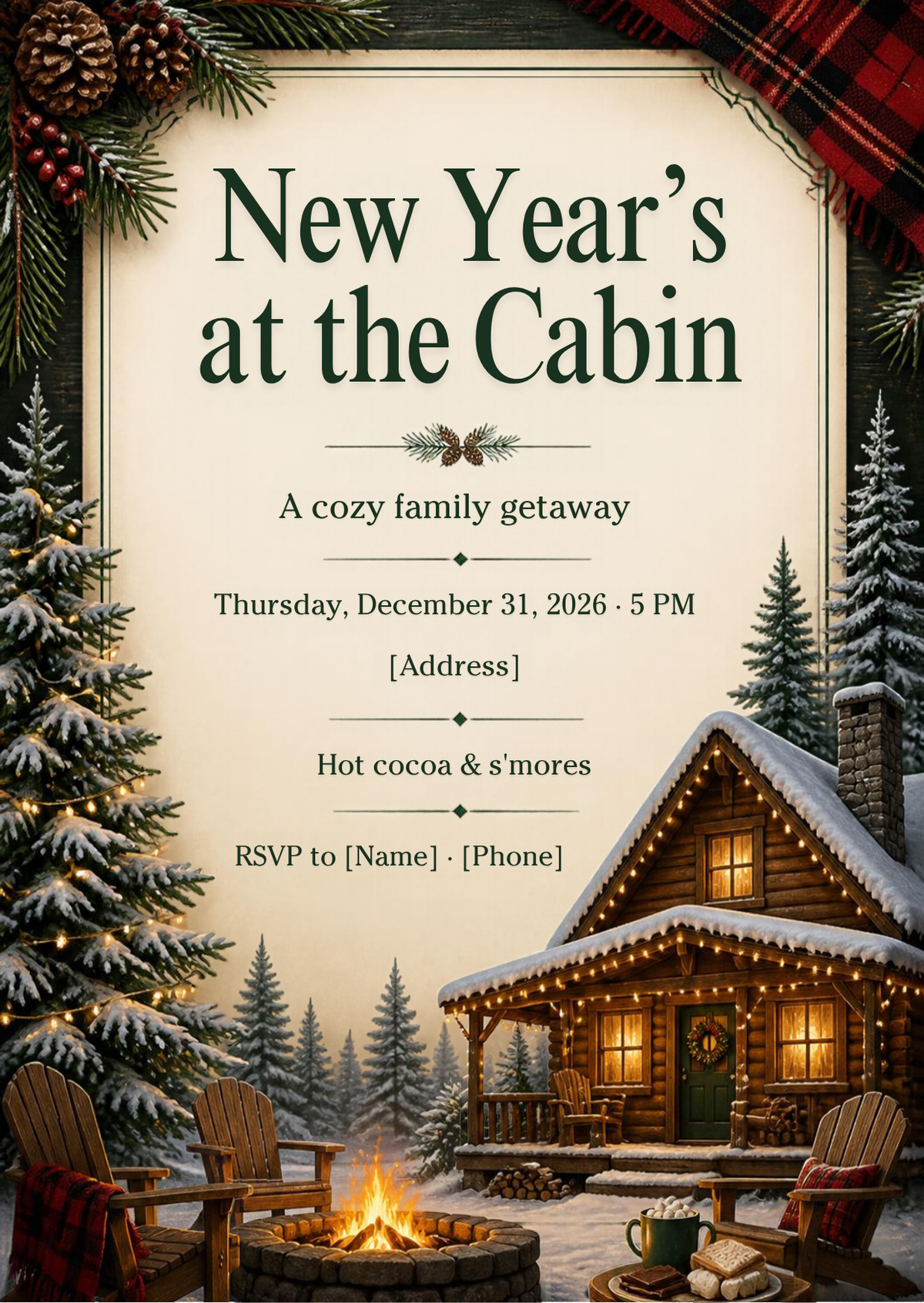 New Year's at the Cabin Cozy New Year's Eve Invitation – Editable Canva Template