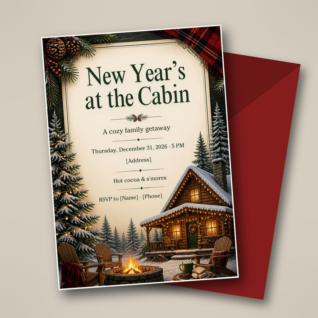 New Year's at the Cabin Cozy New Year's Eve Invitation – Editable Canva Template