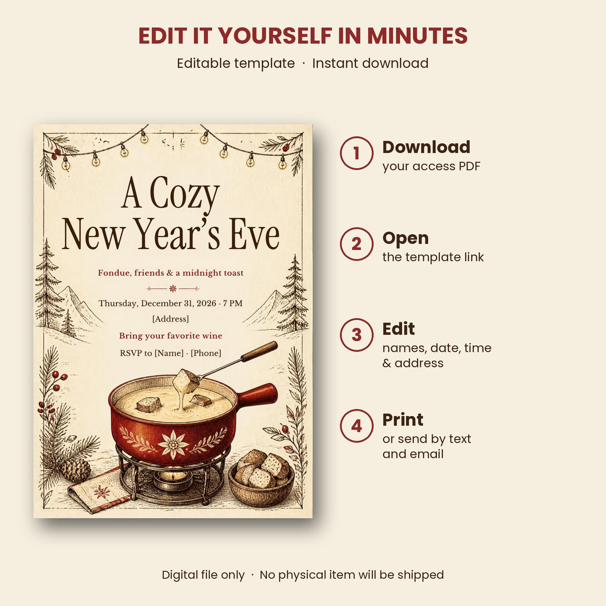 Cozy Fondue Night New Year's Eve Invitation – Editable Canva Template